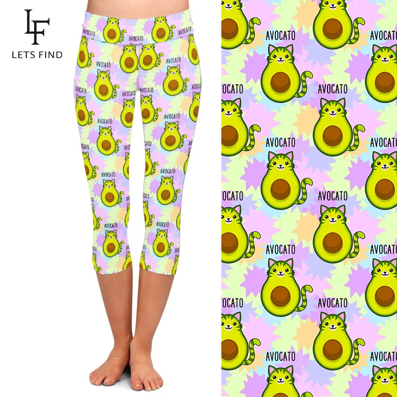 LETSFIND 2020 Summer Fashion High Waist Soft Fitness Leggings 3D Cute Cartoon Avocadov Printing Capri Leggings