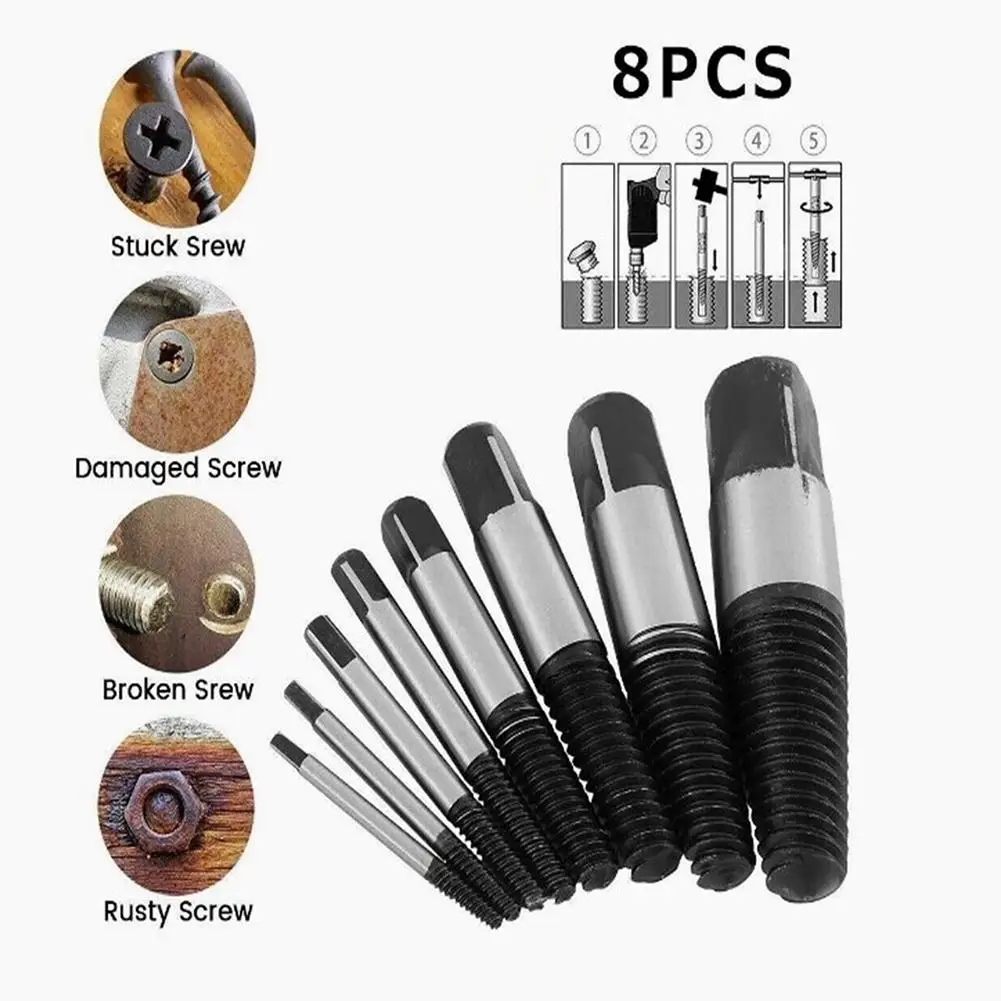 

8pcs Damaged Broken Screw Remover Extractor Drill Bits High Hardness Carbon Steel Damaged Bolts Remover Tool