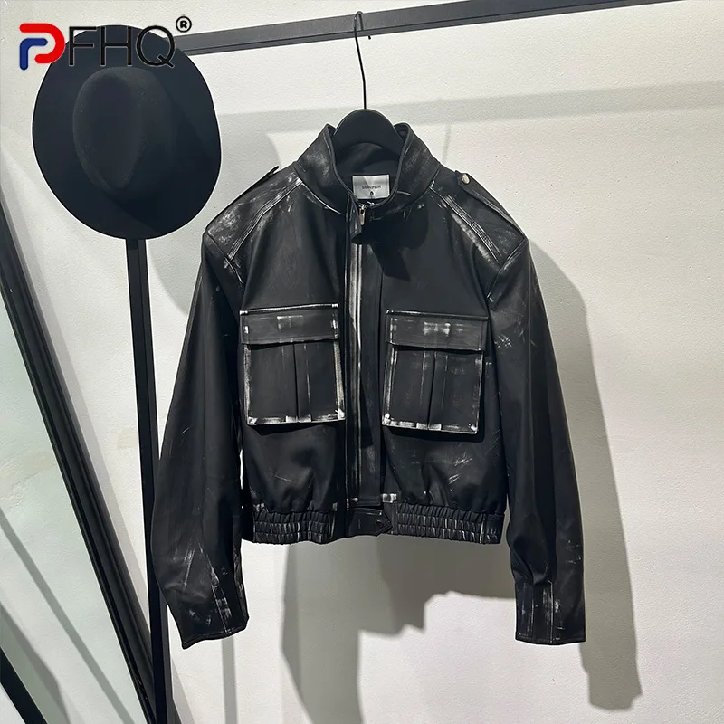 

PFHQ Standing Collar Men's Leather Jackets Motorcycle Zippers Cool Large Pockets Darkwear Haute Quality Summer Coat New 21Z4375