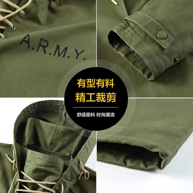 US Hooded Pullover Japanese Retro Fashion Parker Jacket Drawstring Neckline Workwear Jacket Male Casual Sweatshirts Printed Tops