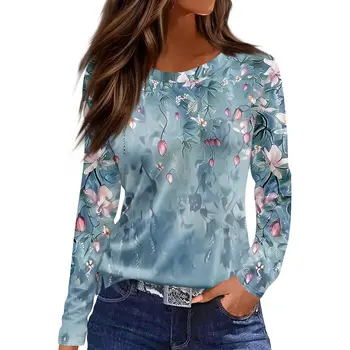 Women's Casual T-shirt 3D Printed Floral Floral Print Round Neck Retro Elegant Long Sleeves Women's Fashion Pullover Long Sleeve 1