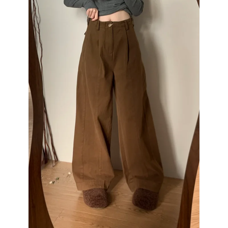 Pantaloni casual da donna autunno e inverno caffè a vita alta gambe larghe pantaloni larghi dritti pigri 1