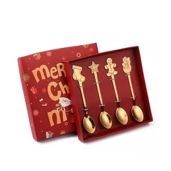 Set of 4 Gold and Silver Christmas-Themed Stainless Steel Dessert Spoons with Gift Box (Gift Box A-gold)