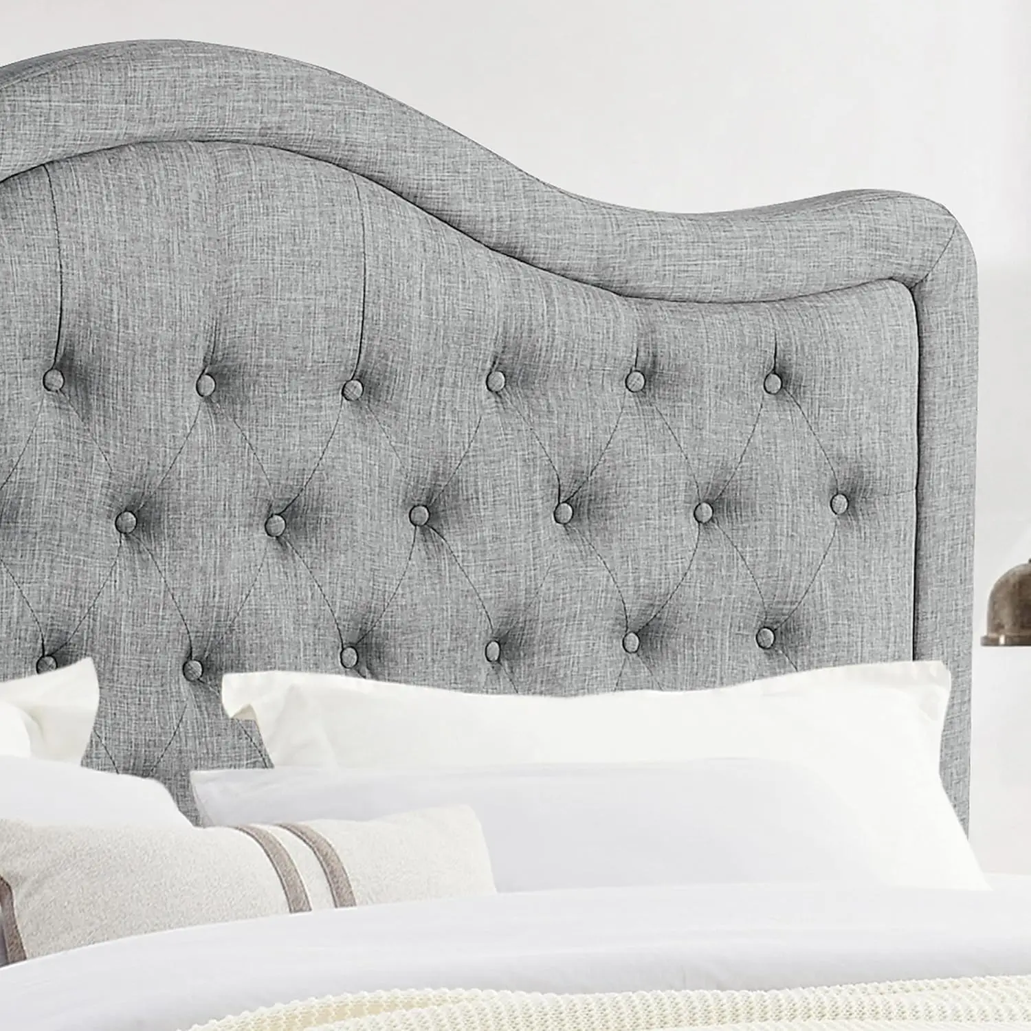 Niana Adjustable Headboard with Fine Linen Upholstery and Button Tufting for Bedroom, King, Wave Top Gray