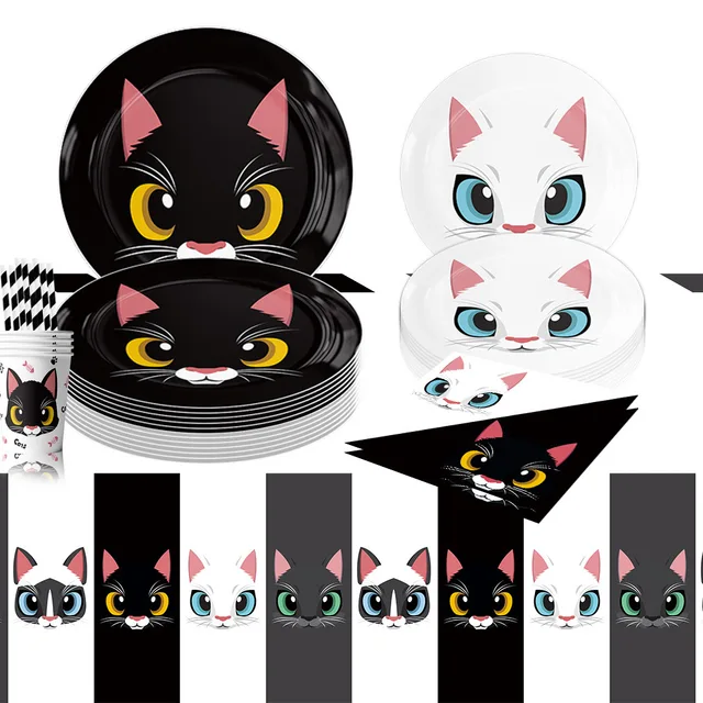 Kit Compleanno Gatto - 93 Pezzi Decorazioni E Stoviglie A Tema Felino Per Feste
