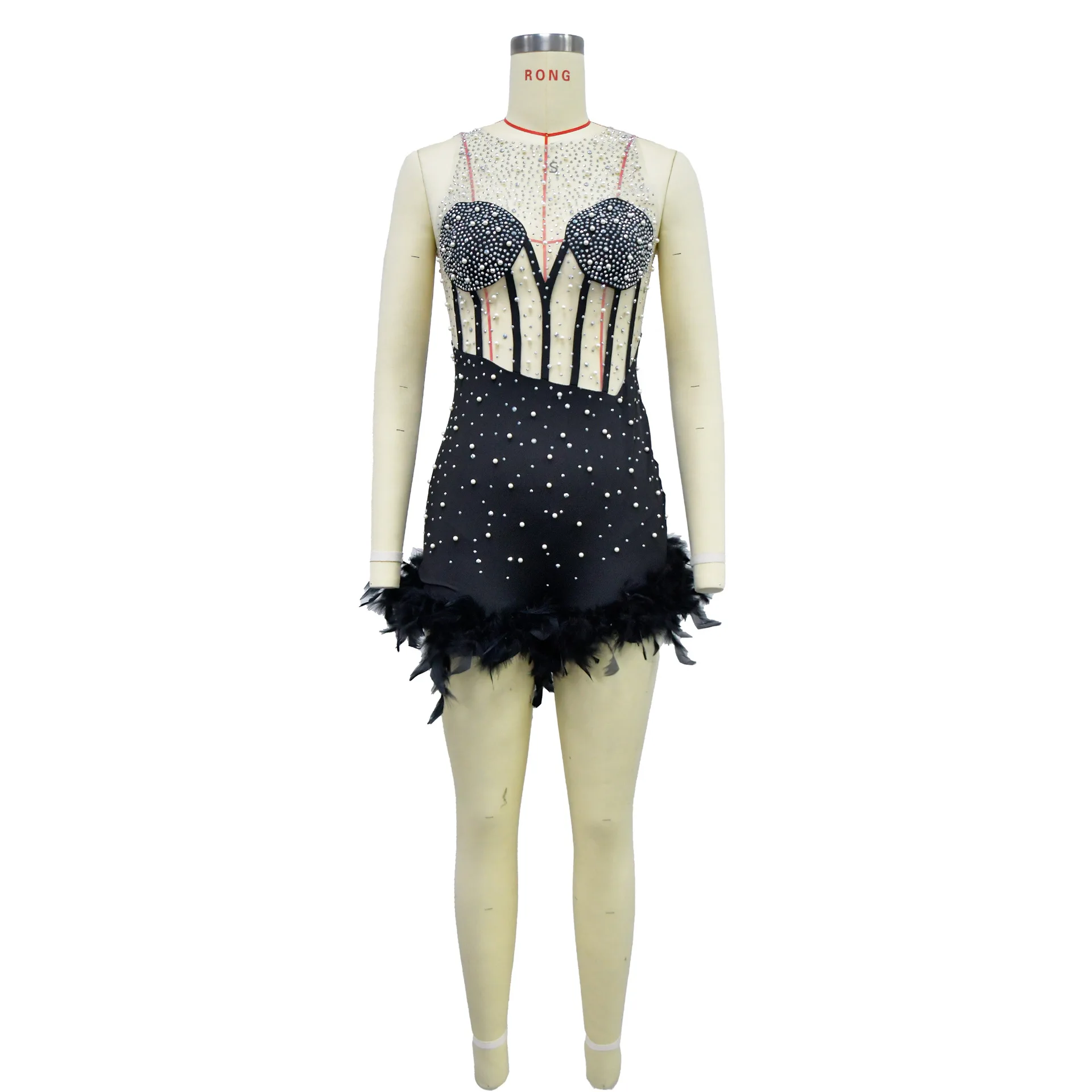 Beading Rhinestone Feather Jumpsuit Women One Piece Outfit 2023 Summer Fashion Sexy Club Pants Female Elegant Luxury Playsuits