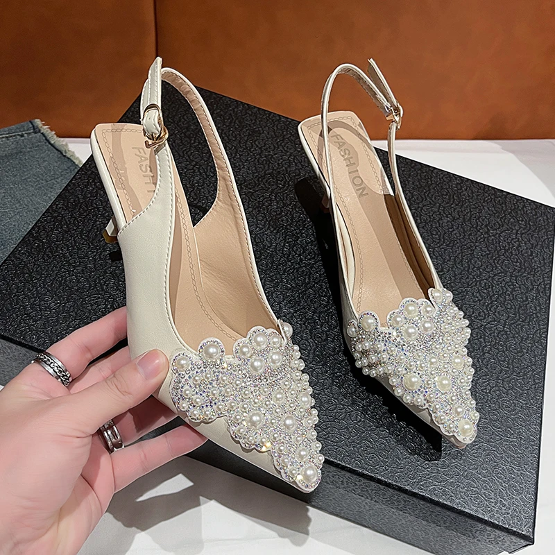 2024 New Summer Womens Pointed Toe High Heels Sandals Sexy Woman Shoes Fashion Pearl Decoration Party Wedding Slingback Woman