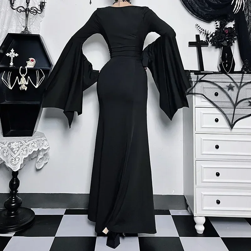Halloween Costume Women Batwing Sleeve Floor Dress Black Gothic Evil Terror Maxi Mistress Morticia Addam Family Outfit For Adult 4