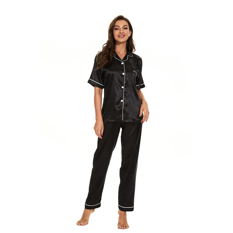 Women Satin Party Pajamas Set 2 Pieces Short Sleeve Casual Homewear Spring Summer Silk Sleepwear Set