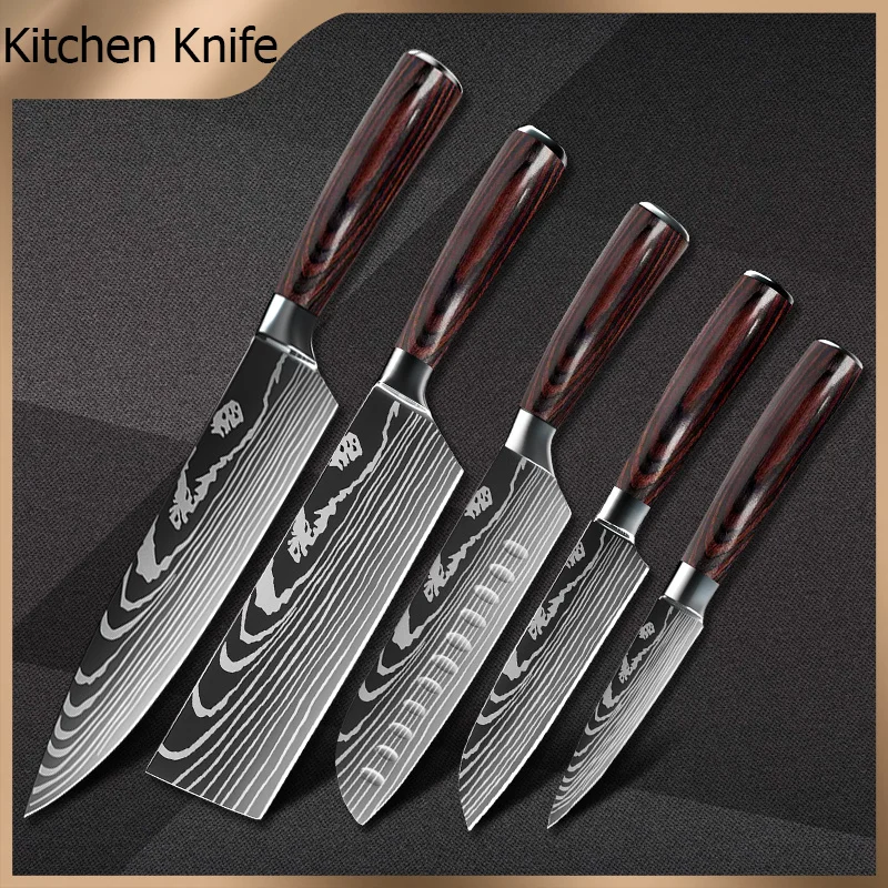 

1-10PCS kitchen knives Set Laser Damascus Pattern Chef Knife Sharp Stainless Steel Santoku Fish Cleaver Slicing Utility Knives