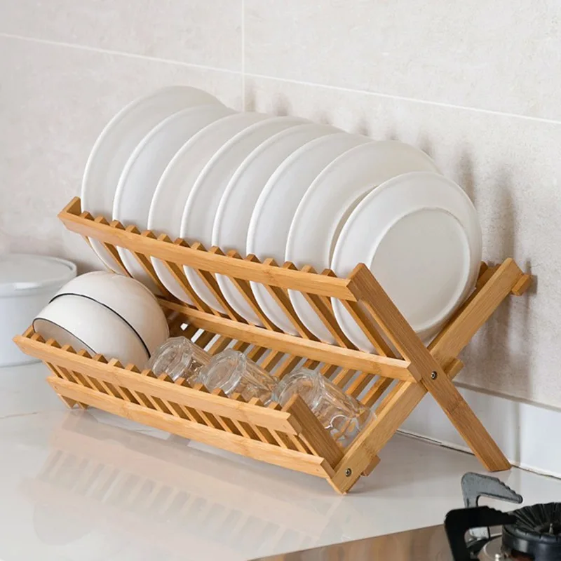 Bamboo Dish Drying Rack Utensil Holder Collapsible Wooden Dish