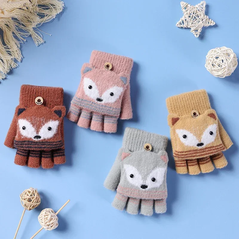 Toddler Kids Winter Knitted Fingerless Cartoon Gloves winter gloves baby mittens Thick Warm Outdoor Writing Convertible Flip Top Half Finger Mittens 6-10Y