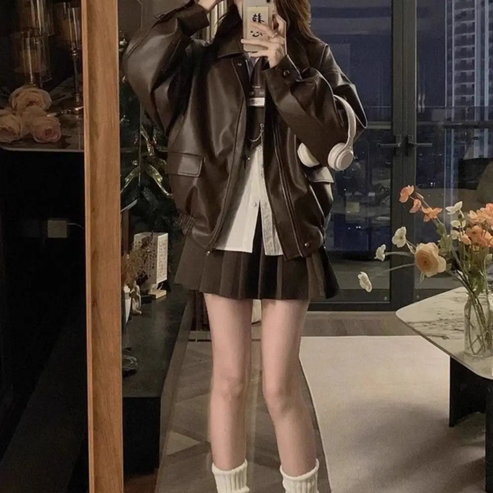 Classic Pleated Leather Jacket Women Korean Chic Lapel Collar Vintage PU Coats Outerwear Retro Zipper Overcoat Holiday