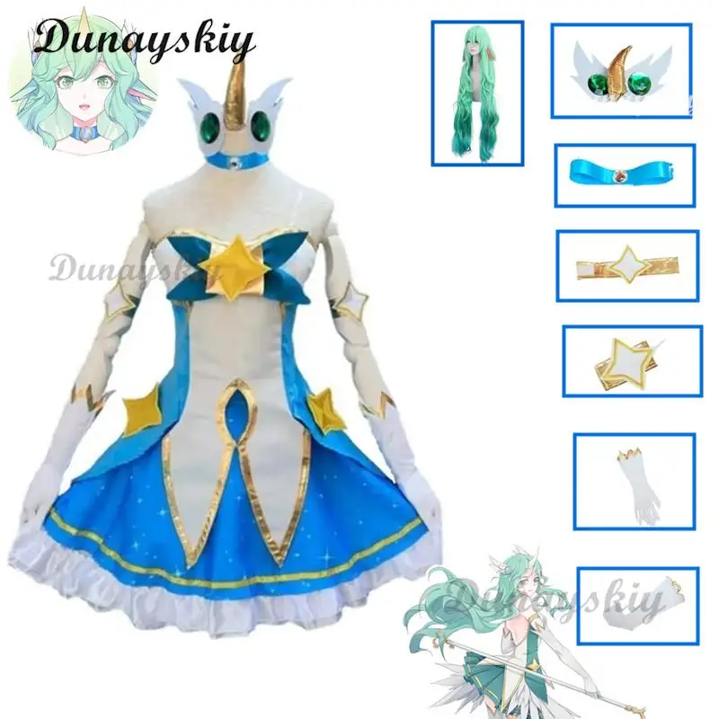 

Game LOL Star Guardian of Soraka Cosplay Costume The Starchild Wig Ears Horn Anime Lolita Dress Halloween Sexy Women Green Suit