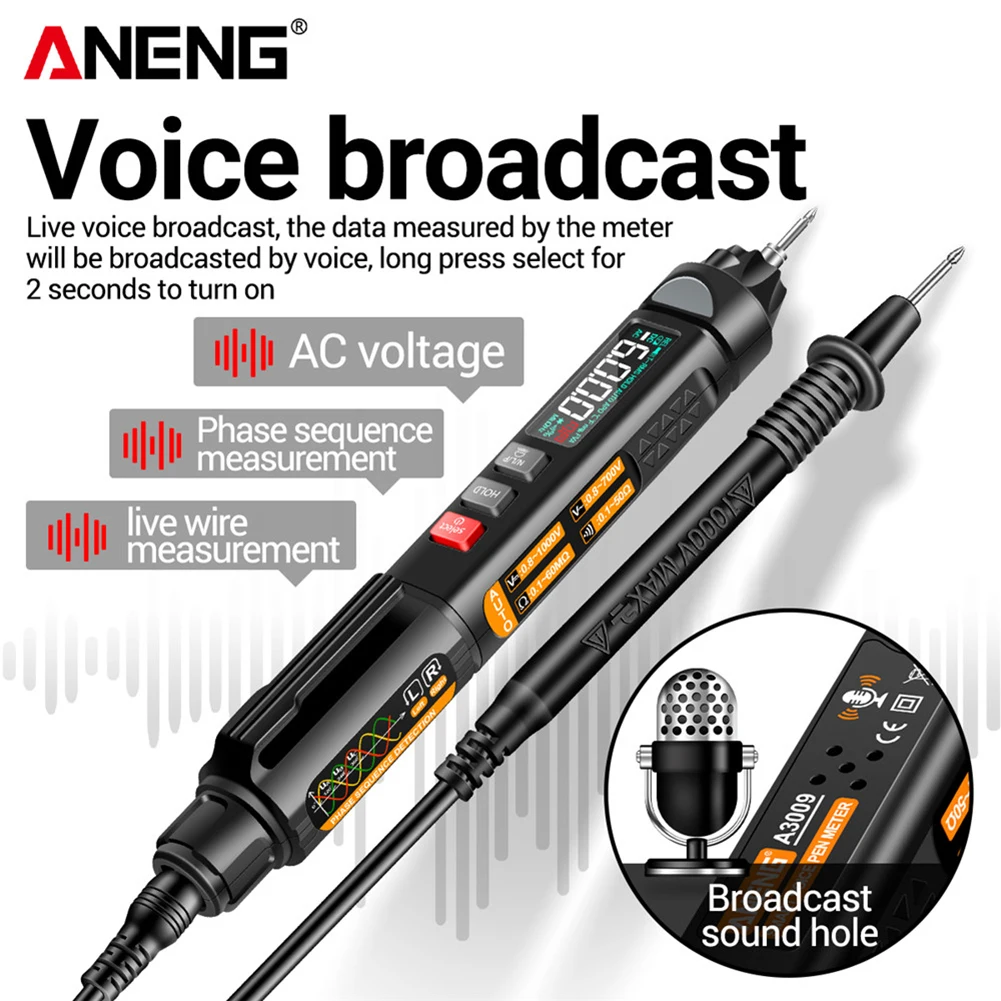ANENG A3009 NCV Multimeter Pen 6000 Counts Smart Voice Broadcast Multimeter Auto-Ranging for Labo/Hospital/Radio Consultant/Home