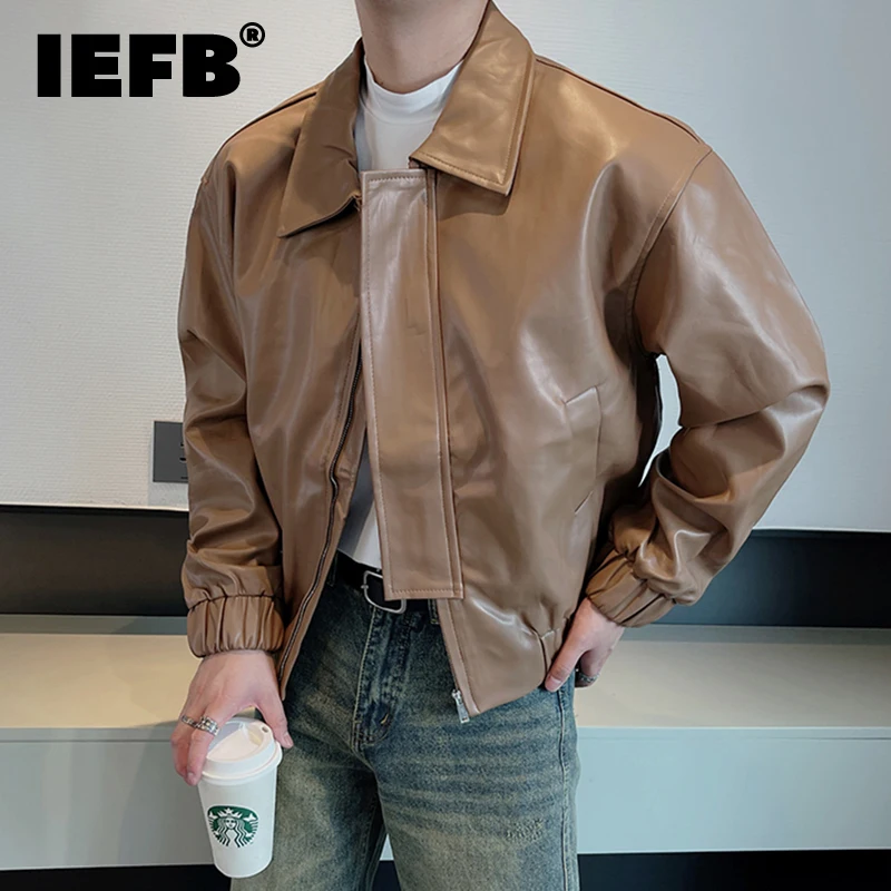 

IEFB Autumn Winter Men's Leaher Jackets Lapel Short Pu Coat Loose Simple Motorcycle Clothing 2023 Trend Male Outerwear 9C2539
