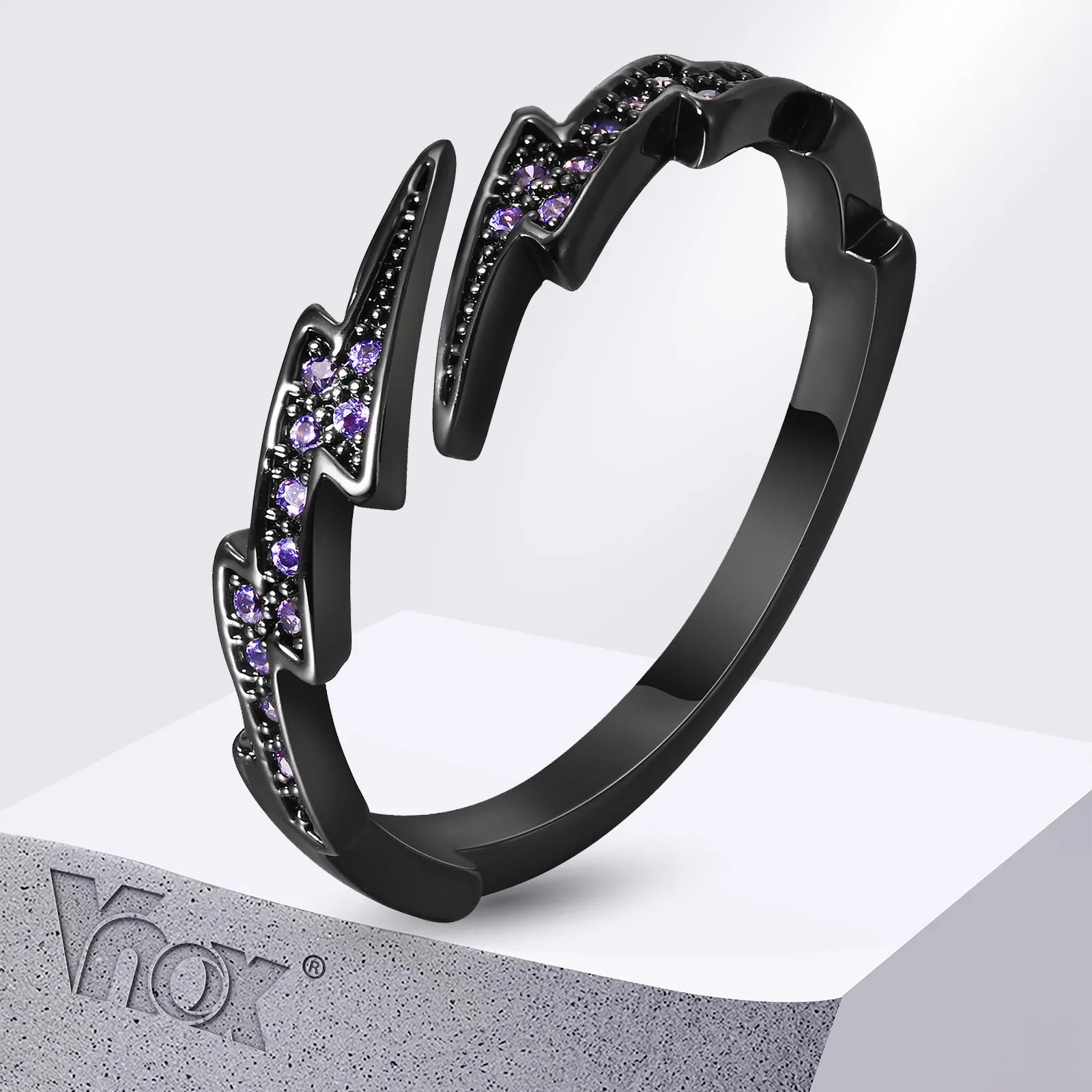 Vnox Gothic Black Lightning Offener Ring für Männer und Frauen, stilvolles Fingerband mit lila kubischen Zirkonsteinen, verstellbarer Modeschmuck