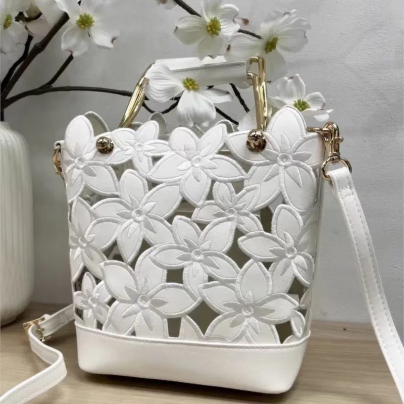 Elegant Gentle White Floral Handbag Women Cutout Embroidered Leather Shoulder Bags Ladies Summer Fashion High End Crossbody Bag