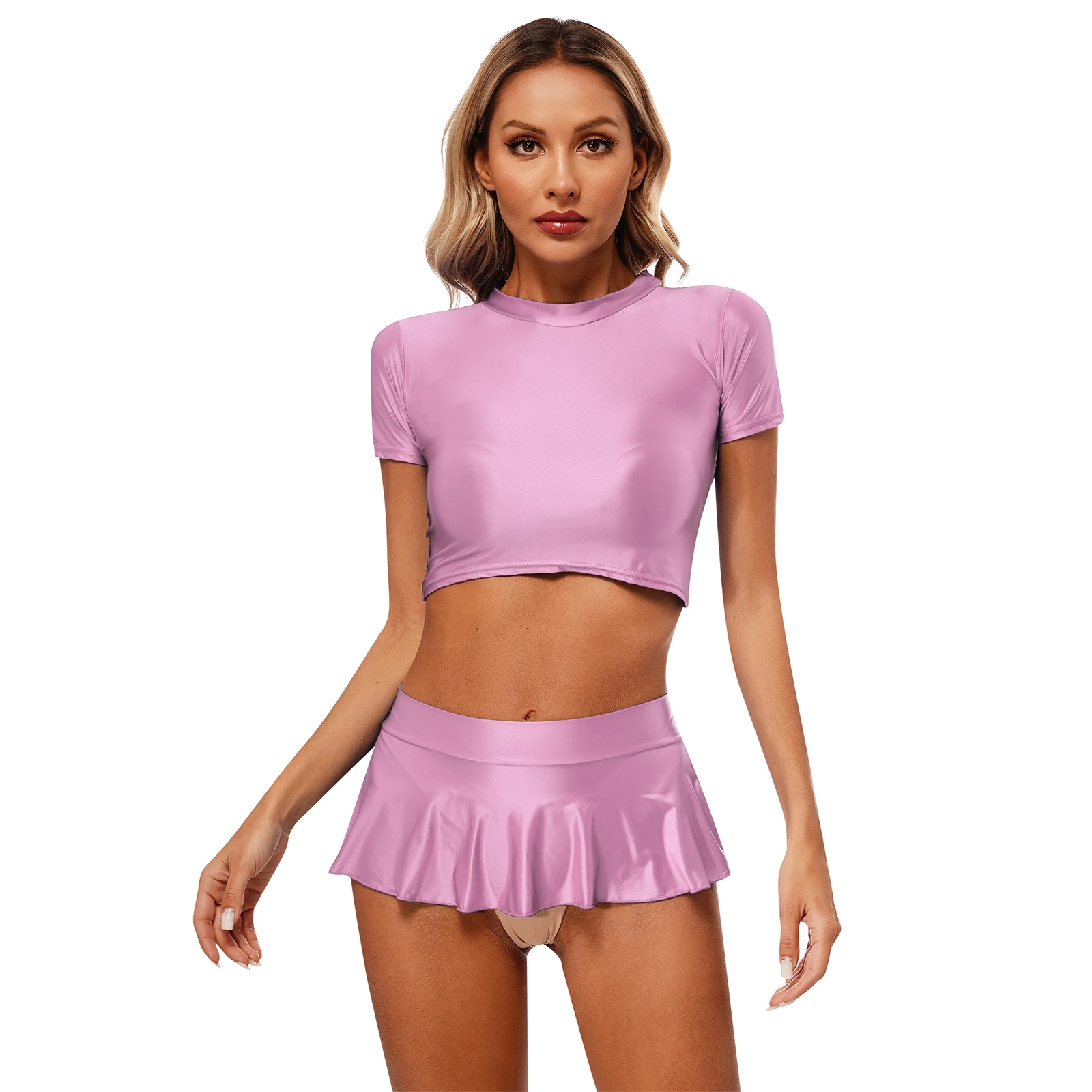 

Womens Glossy Short Sleeve Crop Top with Low Rise Ruffled Miniskirt Sports Fitness Pool Party Beachwear Pole Dancing Clubwear