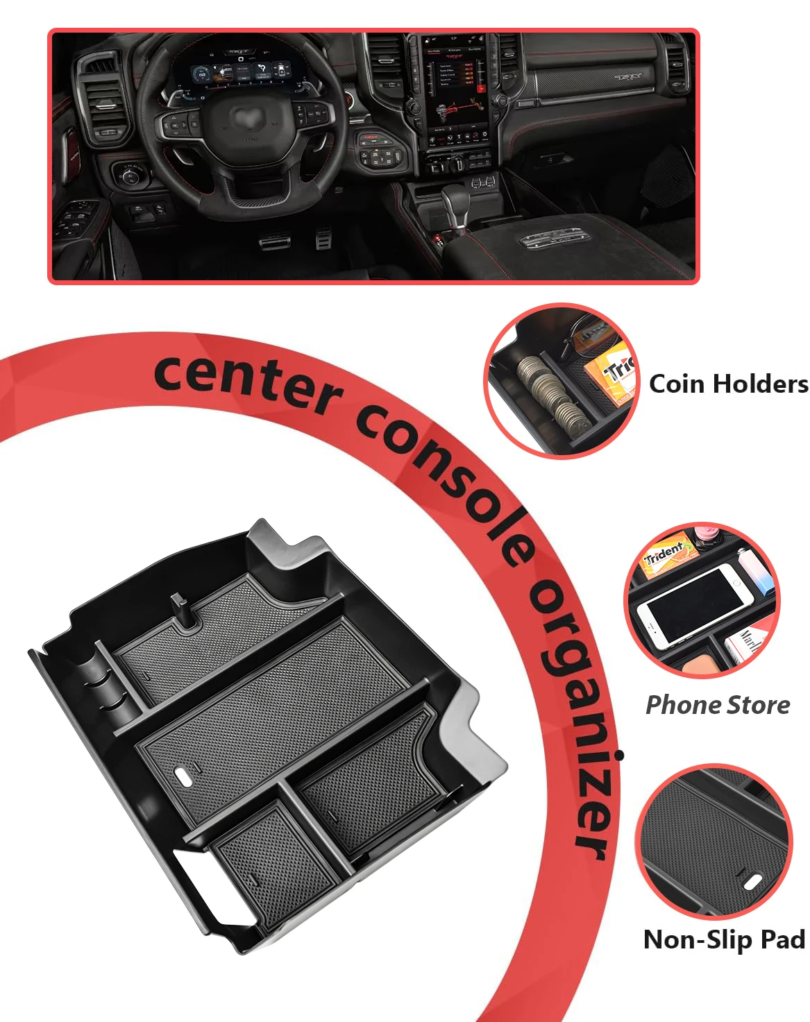 GAFAT Compatible Avec Dodge RAM 1500 2019-2024 2025 Poignée De Porte Boîte De Rangement, RAM 1500 2023 Accoudoir Porte Organiseur Console Centrale, RAM 1500 Accessoires [4 Pièces] (Rouge