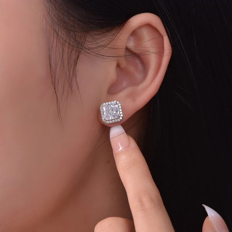 OEVAS 100% 925 Sterling Silver 7*7mm Aquamarine Yellow Pink High Carbon Diamond Stud Earrings For Women Sparkling Fine Jewelry