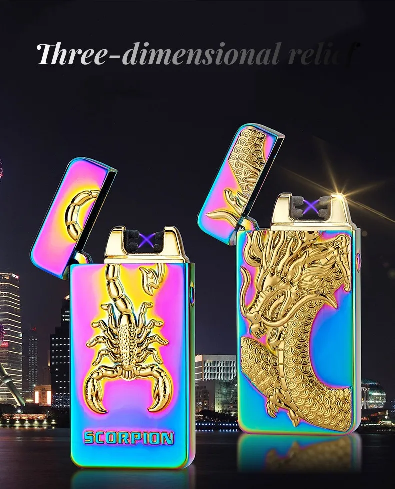 Description Picture 2 of item2023 New Dragon And Tiger Embossed Cross Arc USB Rechargeable Lighter Outdoor Windproof Portable Cigarette Accessorie Men's Gift