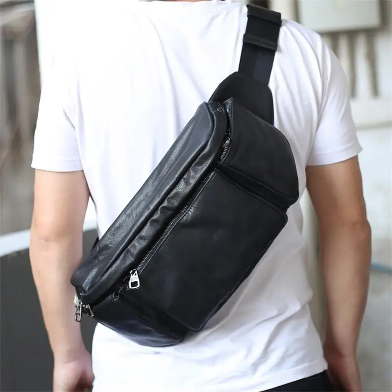 

Super soft top leather man bag outdoor cool man chest bag leather large capacity motorcycle rider one shoulder crossbody bag