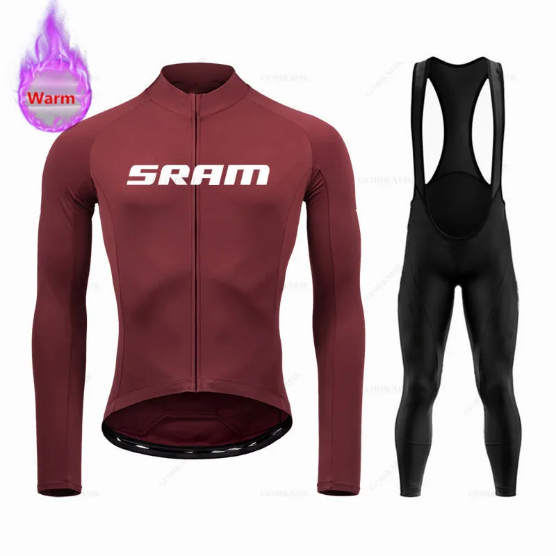 Sram Team Winter Thermal Fleece Cycling Jersey Set Bicicleta Outdoor Bike Clothes MTB Ciclismo Bib Pants Set Bicycle Clothing