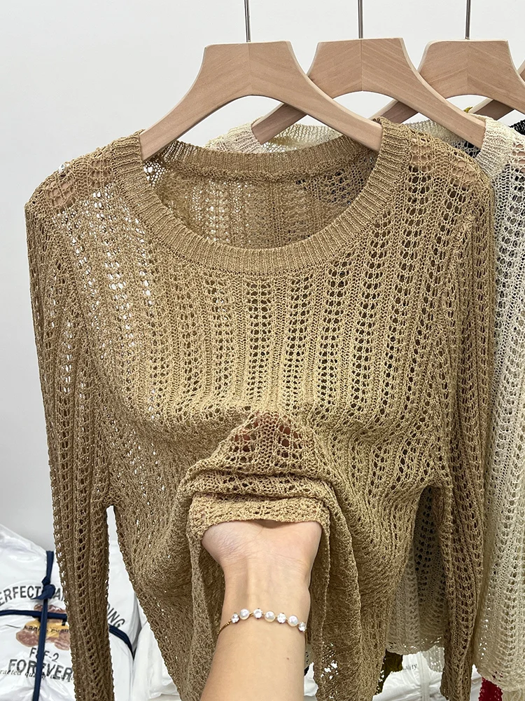 

Women's Knitted T-shirt Harajuku Khaki Crop Tops Korean Y2k Clothes Streetwear 2023 Summer Long Sleeve Hollow Out Funny Tee Top