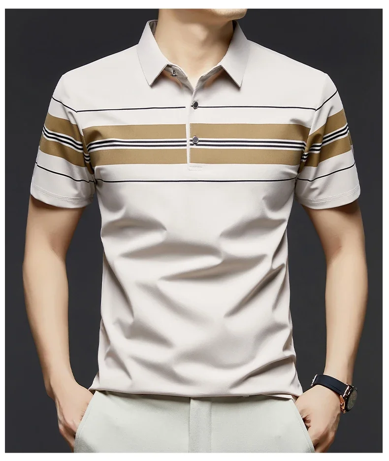 BROWON Brand 2025 Summer Men Polo Shirt Short Sleeve Lapel Collared Smart Casual Striped Office Polo Tops Tees for Men 25