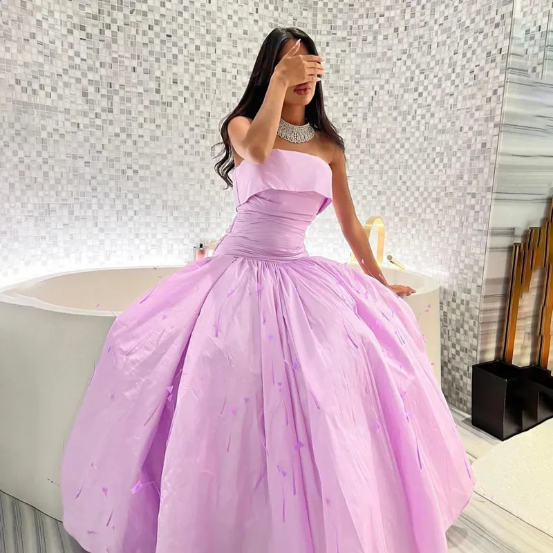 

Aleeshuo Princess Satin Prom Dress A-Line Sleeveless Party Dresses Pleat Feathers Backless Strapless Party Dress вечерние пл2024