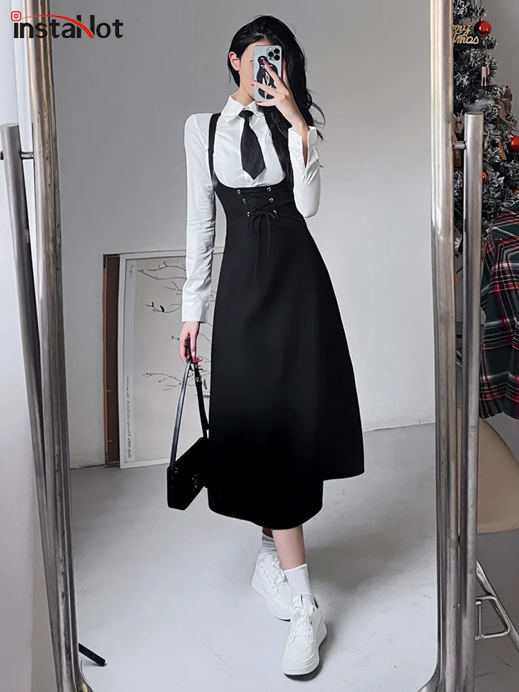 

InstaHot Women's Spaghetti Strap Lace up Backless Dress Preppy Style Tie Front Sleeveless Harajuku Aesthetic Clubwear Party Dres