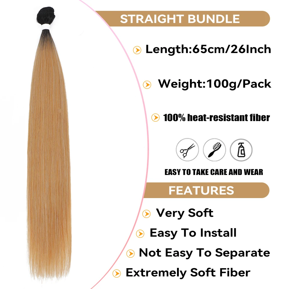 Hair Extensions Bone Straight Hair Extensions Synthetic Ombre Brown Copper Hair Bundles Natural Weaving 26Inch Straight Full to End