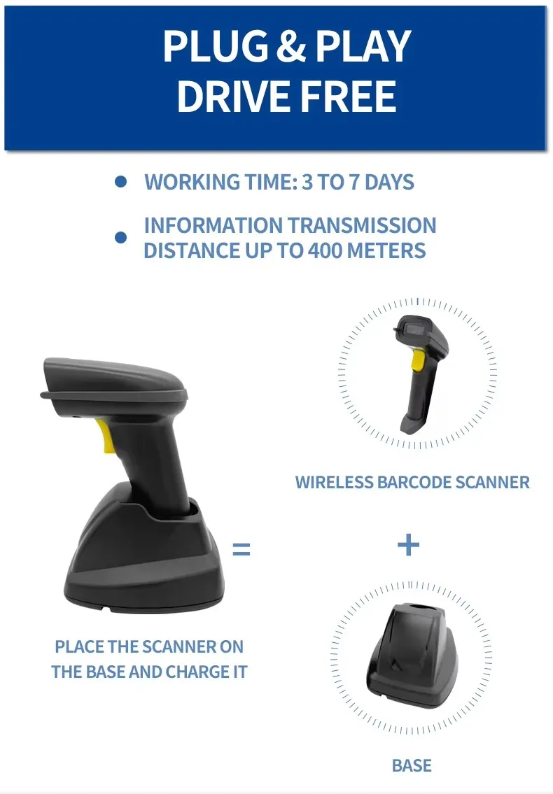 2D QR Code Reader Handheld Auto Sense Barcode Scanner with Long Distance Transmission and Charge Base