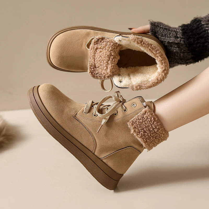 2024 New Trend Winter Women's Warm Ankle Boots Lace Up Thick Soled Shoes Women's Outdoor Leisure Sports Shoes Flat Snow Boots