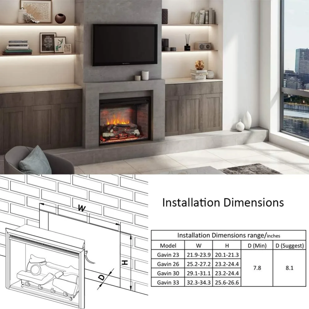 Electric Fireplace Insert with Log Speaker, Designed for Stud, Wood Burning Opening, Cabinet & Wood Mantel, Remote Control 4