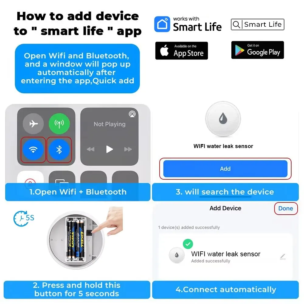 Tuya wifi flood sensor with 80db alarm and connected phone app € 13,79