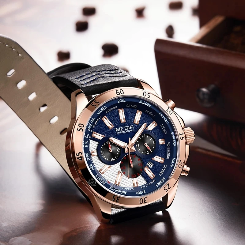 MEGIR Sport Quartz Watch for Men Fashion Leather Strap Waterproof Luminous Calendar Chronograph Watches Mens Relogio Masculino