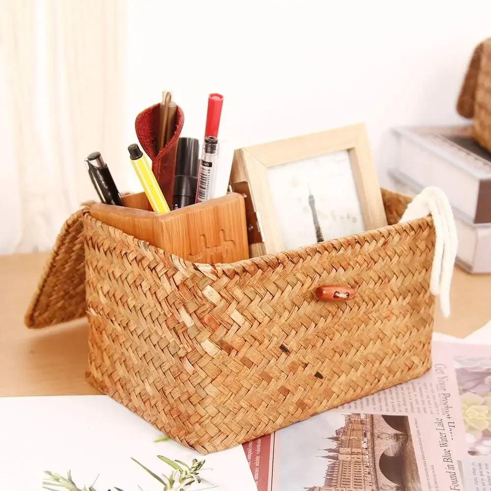 Shelf Baskets with Lid Set of 3 Handwoven Seagrass Storage Box Wicker Basket Desktop Makeup Organizer Multipurpose Container 3