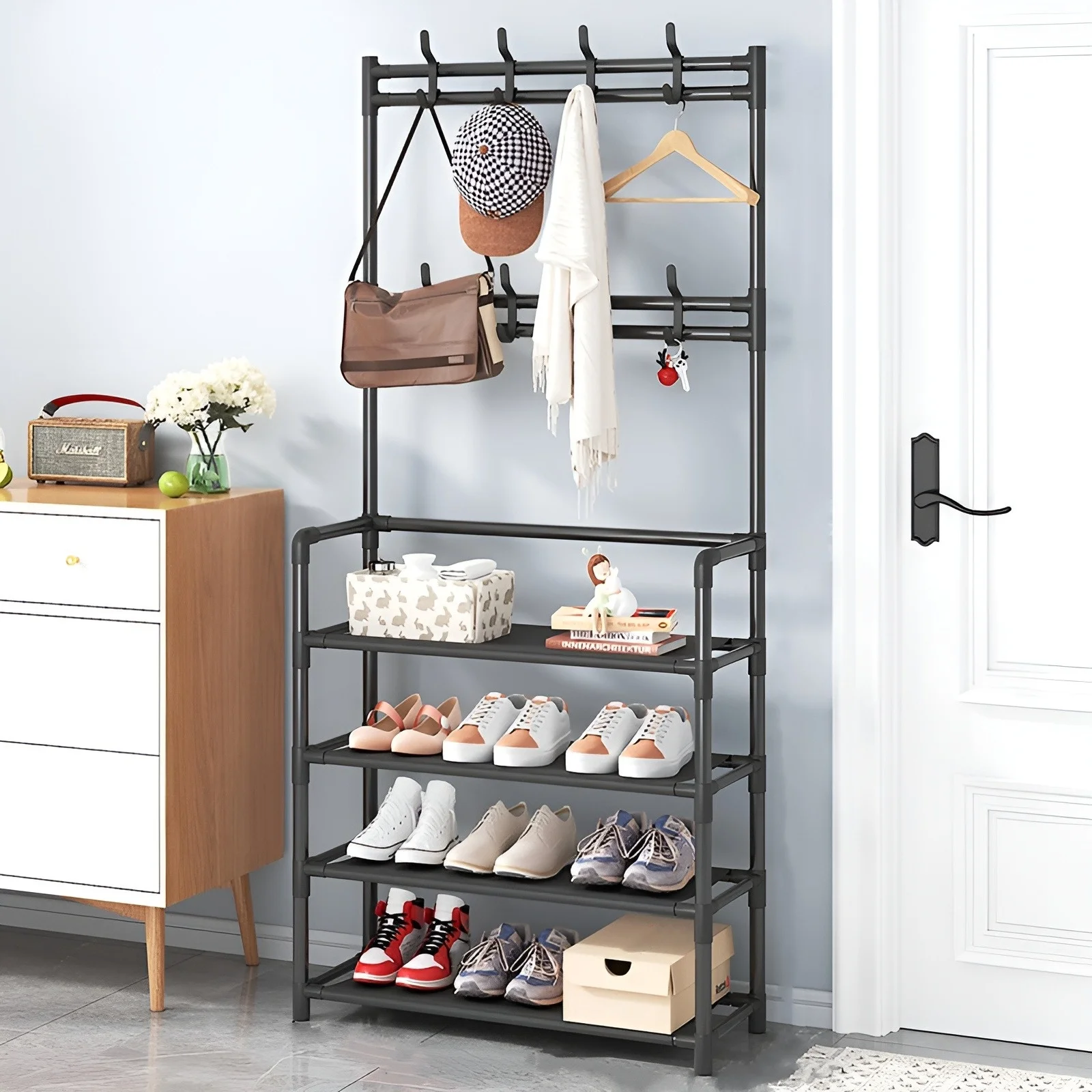 Shoe Rack Clothes Rack Shoe Organizer Shoe Rack Coat Rack Strand Simple Metal Storage with Hooks Multipurpose Coat Hanger and Shoe Shelf for Entryway Home
