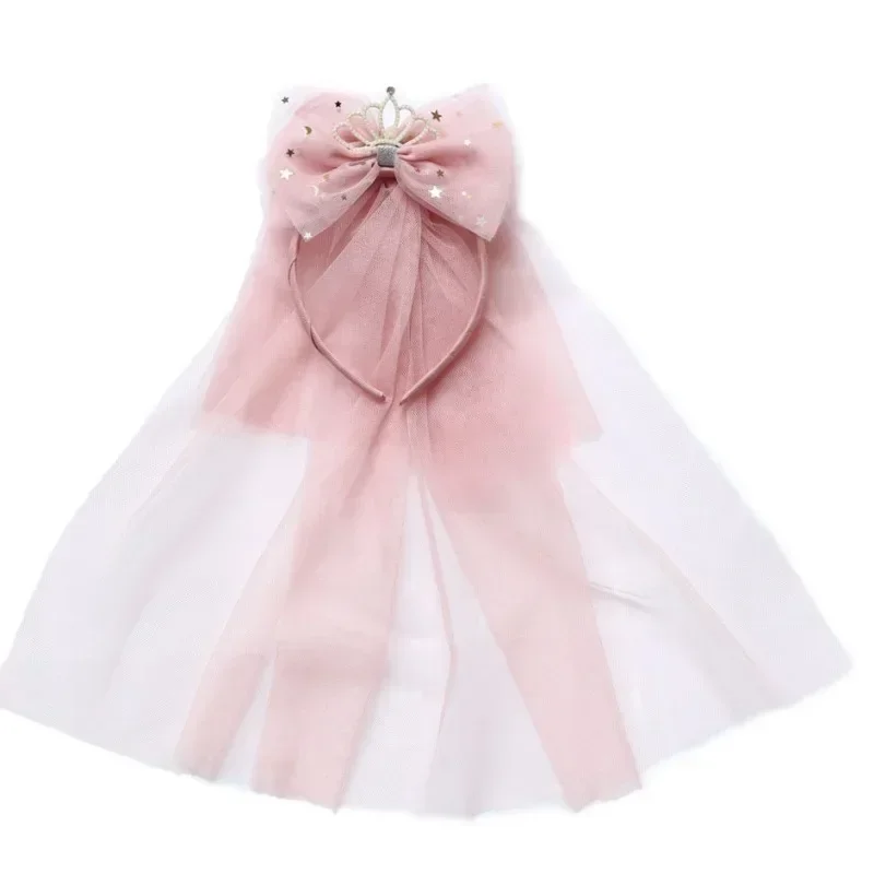 Cute Princess Hairbands for Toddler Girls Retro Veil Bowknot Crown Pearl Hair Hoop Birthday Party Headdress Kids Headwear 5