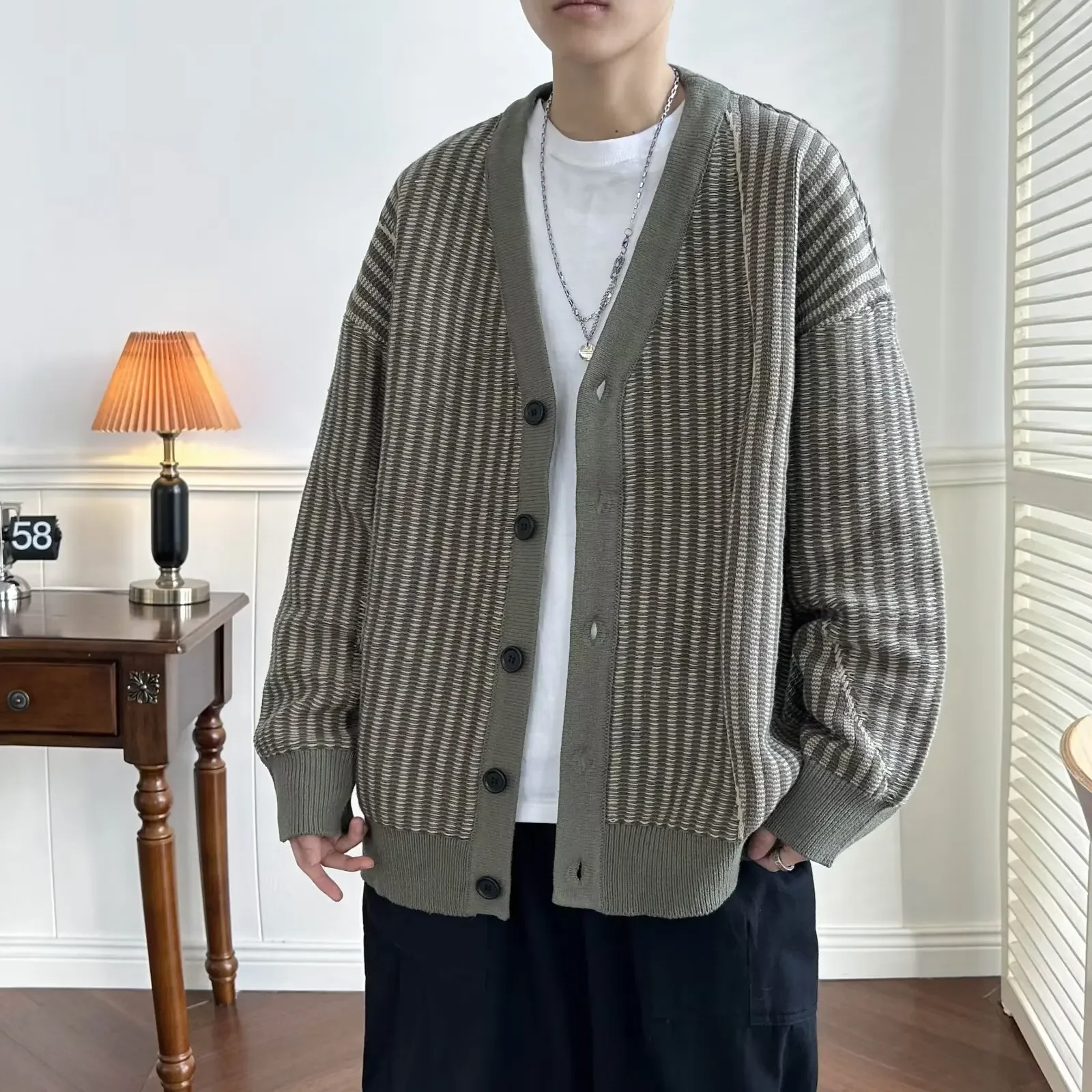 남성용 스트라이프 니트 가디건, V넥 루즈핏 스웨터, 캐주얼 장면, 일본 빈티지 스타일 재킷, 2023 가을 겨울