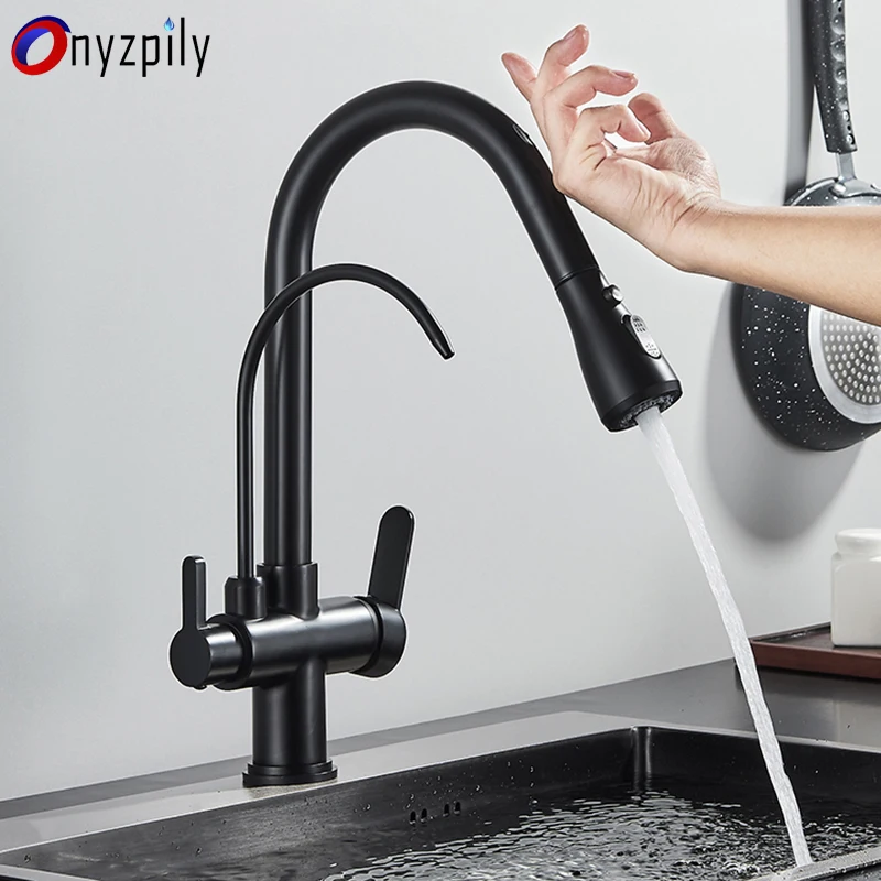Onyzpily Black Brass Kitchen Faucet Front View