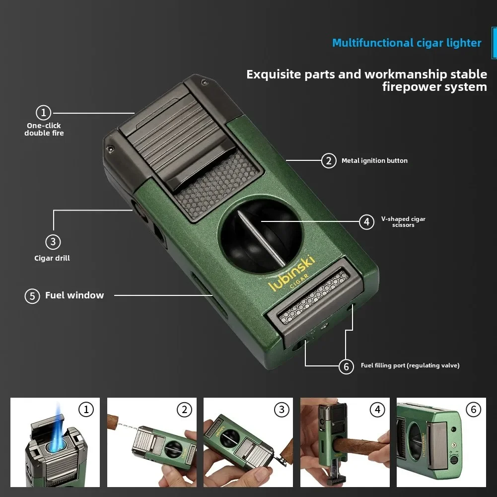 LUBINSKI 4-in-1 Cigar Turbo Lighter V-Type Cigar Cutter Cigar Punching Needle Metal 2-Torch Butane Gas Jet Lighter Men's Gifts 2
