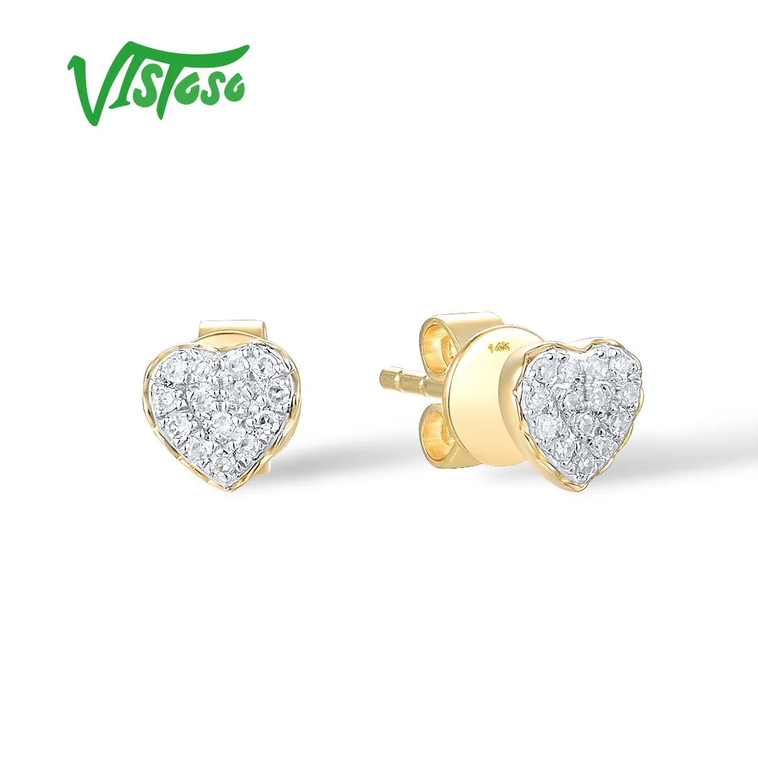 VISTOSO Pure 14K 585 Yellow Gold Stud Earrings For Women Sparkling Natural Diamond Little Heart Trendy Minimalist Fine Jewelry