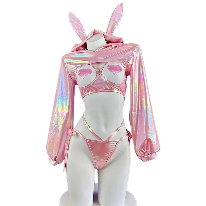 

Anime Bunny girl Cosplay Costume Women Sexy Laser Leather Bodysuit Suit Cute Rabbit Maid Uniform Sexy lingerie Halloween Clothes