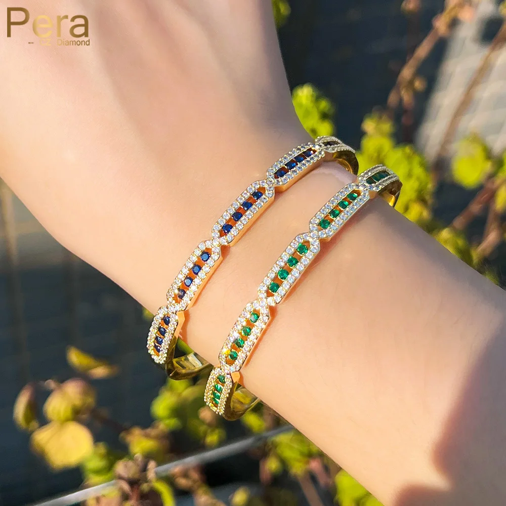 Pera Luxury Gold Color Verde Blu Cubic Zirconia Big Round Open Cuff Bangles Per Damigelle Regalo Accessorio Per Gioielli Da Sposa Z009