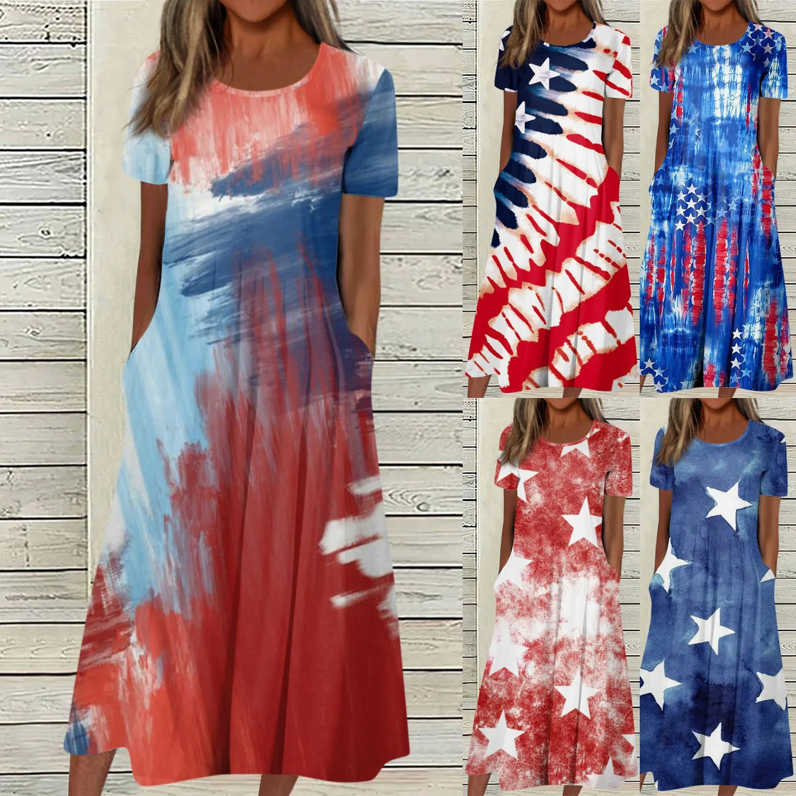 

Dress For Women Casual Independence Day Printed Star Printing V-Neck Short-Sleeve Beach Summer Swing Dress Sundress Vestidos