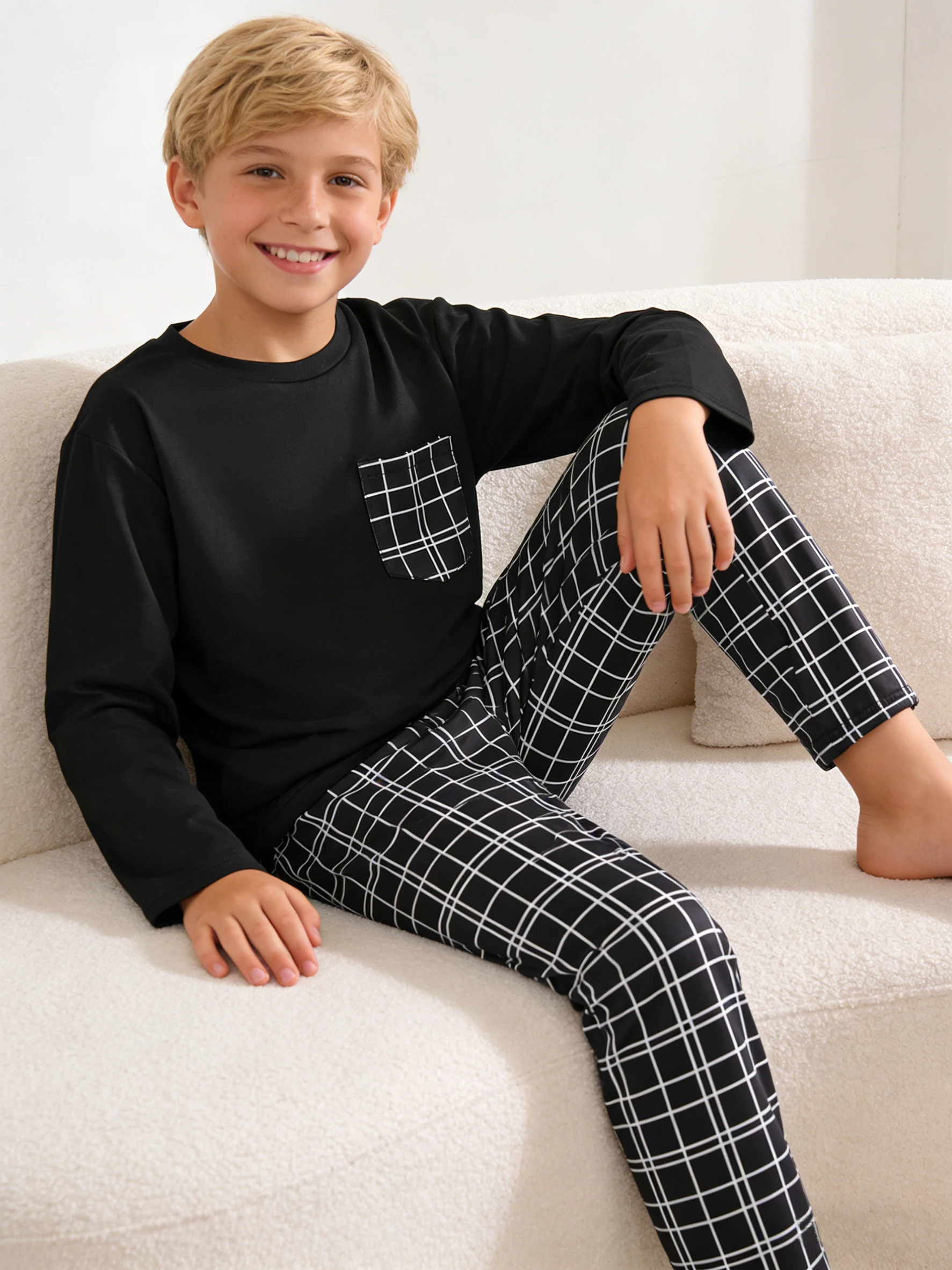 Boys' and girls' sleepwear sets for spring and autumn, men's and girls' tops, pants, and home wear, suitable for home wear - 6