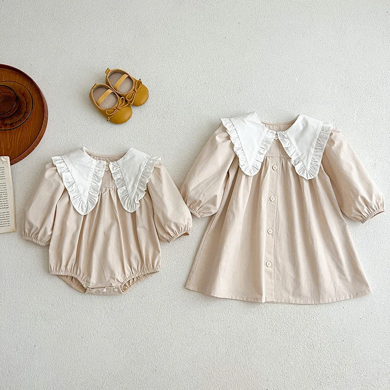 Family Sister Matching Dress Outfit Baby Girls Clothes Long Sleeve Flower Large Lapel Girl Dress Baby Romper Princess Dresses 6